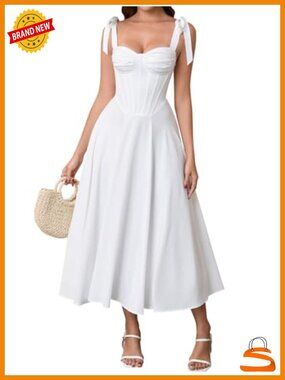 Floral Corset Midi Dress with Bow Straps Boned Waist A-Line Summer Wedding Guest